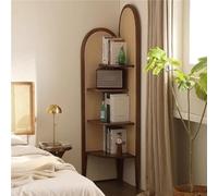 Mensola angolare autoportante, libreria Alta in Legno con Contenitore in Rattan, Elegante scaffalatura angolare per Camera da Letto, scaffale Decorativo, Mobile salvaspazio