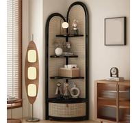 Mensola angolare in rattan, mensola angolare alta in bambù con cestello portaoggetti rimovibile, mobiletto angolare salvaspazio in stile retrò per camera da letto, soggiorno e ufficio(Black)