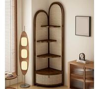 Mensola angolare in rattan, mensola angolare alta in bambù con cestello portaoggetti rimovibile, mobiletto angolare salvaspazio in stile retrò per camera da letto, soggiorno e ufficio(Walnut)