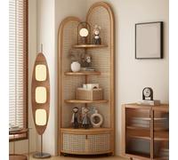Mensola angolare in rattan, mensola angolare alta in bambù con cestello portaoggetti rimovibile, mobiletto angolare salvaspazio in stile retrò per camera da letto, soggiorno e ufficio(Natural)