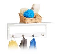 Relaxdays 10020923 Mensola da Parete, 4 Ganci, HxLxP: 17,5 x 50 x 16 cm, Bambù, Appendiabiti Ingresso, Portasciugamani, Bianco