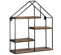 Mensola da parete 50 x 60 x 14 cm, in legno massiccio di mango/metallo, a forma di casa, design piccolo, industriale, da appendere al soggiorno, libreria da parete