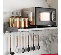Mensola da parete in acciaio inox per microonde, salvaspazio, con 6 ganci scorrevoli, staffa di montaggio versatile per forno a microonde e forno da cucina essenziale