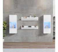 Mensola da parete, set da 4 pezzi, a LED e 2 ripiani, illuminazione intelligente controllata da APP, superficie lucida e porte in vetro temperato, compatibile con TV, set di mobili per TV (bianco)