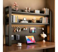 Mensola da scrivania a 2/3/4 livelli con pannello forato e accessori, libreria da scrivania in metallo, organizer da scrivania fai-da-te, per tavolo da studio(Black+Black,(3-Tier)53.2x10x36.7")