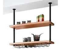 Mensola da soffitto industriale, in metallo e legno, portabottiglie da cucina, per pentole e spezie, 80 x 25 x 70 cm, elegante da appendere (senza supporto per bicchieri)