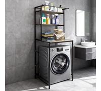 Mensola per lavatrice a 3 piani in MDF e supporto in ferro, multifunzionale per il bagno con 3 ripiani e barra trasversale, ripiano sopra la lavatrice per bagno (nero+rovere)
