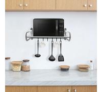 Mensola per microonde in acciaio inossidabile montata a parete con 6 ganci per coltello da cucina, cucchiaio, padella, supporto per microonde, mensola per griglia, forno