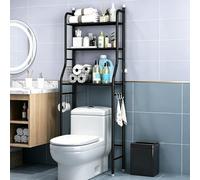 Mensola per WC Semplice ed Elegante, scaffale per Bagno a Tre Livelli, con porta fazzoletti e 3 Ganci, ripiano in Metallo Autoportante, Risparmia Spazio Sopra la Toilette Black