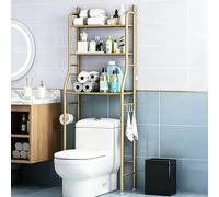 Mensola per WC Semplice ed Elegante, scaffale per Bagno a Tre Livelli, con porta fazzoletti e 3 Ganci, ripiano in Metallo Autoportante, Risparmia Spazio Sopra la Toilette Gold