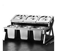 Mensola porta spezie da cucina in acciaio inox a 2 file, set da 10 padelle con coperchi e cucchiai, supporto per organizer per spezie inclinato da banco, porta contenitori per buffet per marmellata