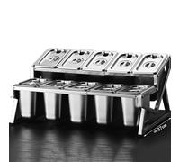 Mensola porta spezie da cucina in acciaio inox a 2 file, set da 10 padelle con coperchi e cucchiai, supporto per organizer per spezie inclinato da banco, porta contenitori per buffet per marmellata