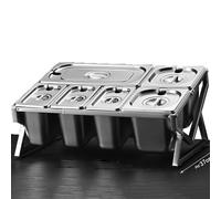 Mensola porta spezie da cucina in acciaio inox a 2 file, set da 10 padelle con coperchi e cucchiai, supporto per organizer per spezie inclinato da banco, porta contenitori per buffet per marmellata