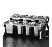 Mensola porta spezie da cucina in acciaio inox a 2 file, set da 10 padelle con coperchi e cucchiai, supporto per organizer per spezie inclinato da banco, porta contenitori per buffet per marmellata