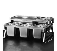 Mensola porta spezie da cucina in acciaio inox a 2 file, set da 10 padelle con coperchi e cucchiai, supporto per organizer per spezie inclinato da banco, porta contenitori per buffet per marmellata