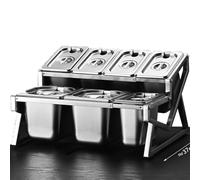 Mensola porta spezie da cucina in acciaio inox a 2 file, set da 10 padelle con coperchi e cucchiai, supporto per organizer per spezie inclinato da banco, porta contenitori per buffet per marmellata