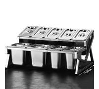 Mensola porta spezie da cucina in acciaio inox a 2 file, set da 10 padelle con coperchi e cucchiai, supporto per organizer per spezie inclinato da banco, porta contenitori per buffet per marmellata