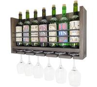 Mensola porta vino da parete con portabicchieri - portabottiglie sospeso in legno massello con inserti in metallo, mobile bar decorativo per 7 bottiglie e 6 calici - marrone scuro - wengé 60x32x12 cm