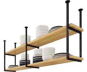 Mensola portaoggetti da soffitto con assi di legno, staffa regolabile a forma di U per organizzare libri, piante e vino in spazi sospesi