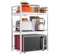 Mensola Salvaspazio Estensibile Porta Microonde in Acciaio, Scaffale Cucina doppio con 2 ripiani Portaspezie, Mobile Organizer con Ganci e Piedini Antiscivolo, Design Moderno Organizza al meglio la tu