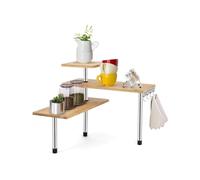 Mensola Scaffale Angolare per Cucina 3 Ripiani Legno Bambù Struttura in Acciaio Mobile Angolare Portaspezie Portaoggetti in Bamboo con Ganci