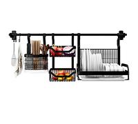 Mensola scolapiatti a Parete con Barra in Acciaio Inossidabile, scolapiatti di Grande capacità con Supporto per cestini per Frutta e Verdura a 2 Livelli, portautensili e 3 Ganci mobili