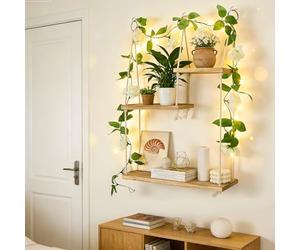 Mensola Sospesa in Legno, 3 Ripiani Mensole da Muro in Legno con Luci LED e Edera Artificiale, Macrame da Parete Boho, Mensole da Esterno per Piante, Soggiorno, Camera da Letto, Bagno