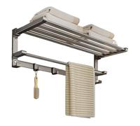 Mensole da bagno salvaspazio in acciaio inox con portasciugamani e ganci, montaggio a parete, pieghevole, per doccia, colore grigio canna di fucile, soluzione elegante per riporre asciugamani e