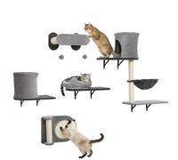 Mensole da parete Pawut per gatti, set di 5 mobili, albero per gatti da parete, con 2 nicchie, amaca, piattaforme, griffoio in sisal per gatti da interno fino a 5 kg, Grigio