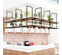 Mensole espositive con decorazioni galleggianti - Mensola a soffitto a 2 strati con pannello in legno massello e struttura in ferro metallico, scaffale portaoggetti per cucine aperte(120x30x80cm)