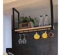 Mensole galleggianti a soffitto - Portabottiglie sospeso, Portabicchieri da vino a parete, Portabottiglie in legno massello sospeso al soffitto, Portaoggetti multifunzionale in ferro, Portao