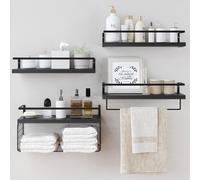 Mensole sospese in legno nero da parete - Mensole da parete rustiche per bagno a 3+1 livelli sopra il WC con cestino portaoggetti in filo metalli