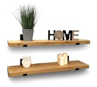 Mensole sospese in legno rustico artigianale con staffe a L nere sedute, realizzate in legno di recupero, ideali per la decorazione del bagno o del soggiorno (set da 2, lunghezza 90 cm)