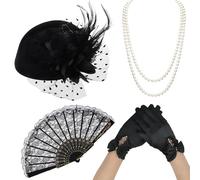 MENUY 4 pezzi accessori da donna anni '20 Great Gatsby, con cappello vintage per capelli, guanti di pizzo, collana di perline, scomparti per orchidee per Halloween, Natale, feste eleganti e balli di