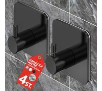 Menz - Portasciugamani nero senza foratura, set di 4 ganci adesivi, in acciaio inox con cuscinetti adesivi impermeabili, gancio autoadesivo per bagno, cucina