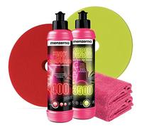 Menzerna Lady Line, set di lucidatura per auto Cut&Finish Deluxe, Heavy Cut Compound 400 da 250 ml, super finish 3500 da 250 ml, 2 tamponi lucidanti Menzerna da 150 mm, 2 panni detailmate