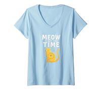 Meow Is Not The Time: Bizzarro Orologio a Forma di Gatto Maglietta con Collo a V, Donna, Celeste, M