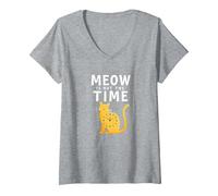 Meow Is Not The Time: Bizzarro Orologio a Forma di Gatto Maglietta con Collo a V, Donna, Grigio Melange, M