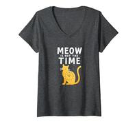 Meow Is Not The Time: Bizzarro Orologio a Forma di Gatto Maglietta con Collo a V, Donna, Grigio Scuro, S
