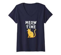 Meow Is Not The Time: Bizzarro Orologio a Forma di Gatto Maglietta con Collo a V, Donna, Navy, XL