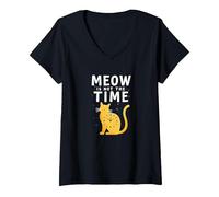 Meow Is Not The Time: Bizzarro Orologio a Forma di Gatto Maglietta con Collo a V, Donna, Nero, M