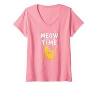 Meow Is Not The Time: Bizzarro Orologio a Forma di Gatto Maglietta con Collo a V, Donna, Rosa, L