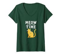 Meow Is Not The Time: Bizzarro Orologio a Forma di Gatto Maglietta con Collo a V, Donna, Verde Foresta, S