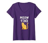 Meow Is Not The Time: Bizzarro Orologio a Forma di Gatto Maglietta con Collo a V, Donna, Viola, XL
