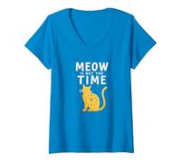 Meow Is Not The Time: Bizzarro Orologio a Forma di Gatto Maglietta con Collo a V, Donna, Zaffiro, S