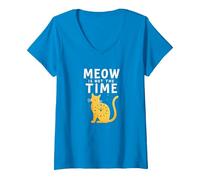 Meow Is Not The Time: Bizzarro Orologio a Forma di Gatto Maglietta con Collo a V, Donna, Zaffiro, XXL