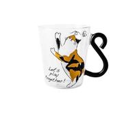 Meow - Tazza in vetro con manico a coda - Tazza resistente al calore da 300 ml per caffè, tè, latte, diversi motivi di gatti (farfalla Calico Cat - "Let's play together!" design, calico cat reach for