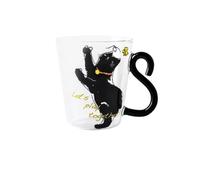 Meow Tazza in vetro con manico a coda - Tazza resistente al calore da 300 ml per caffè, tè, latte - diverse fantasie di gatti (farfalla gatto nero - "Let's play together!", gatto nero che raggiunge la