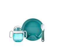 Mepal Mio - Set di stoviglie per bambini - 3 pezzi, con bottiglia per imparare a bere e cucchiaio educativo - lavabile in lavastoviglie - Deep turquoise