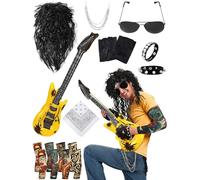 Mepase 12 pezzi costume rocker anni '80 da uomo, tra cui parrucca hippie, occhiali da sole, catena per pantaloni, braccialetto, fascia, manica tatuaggio, guanto da motociclista e accessori per